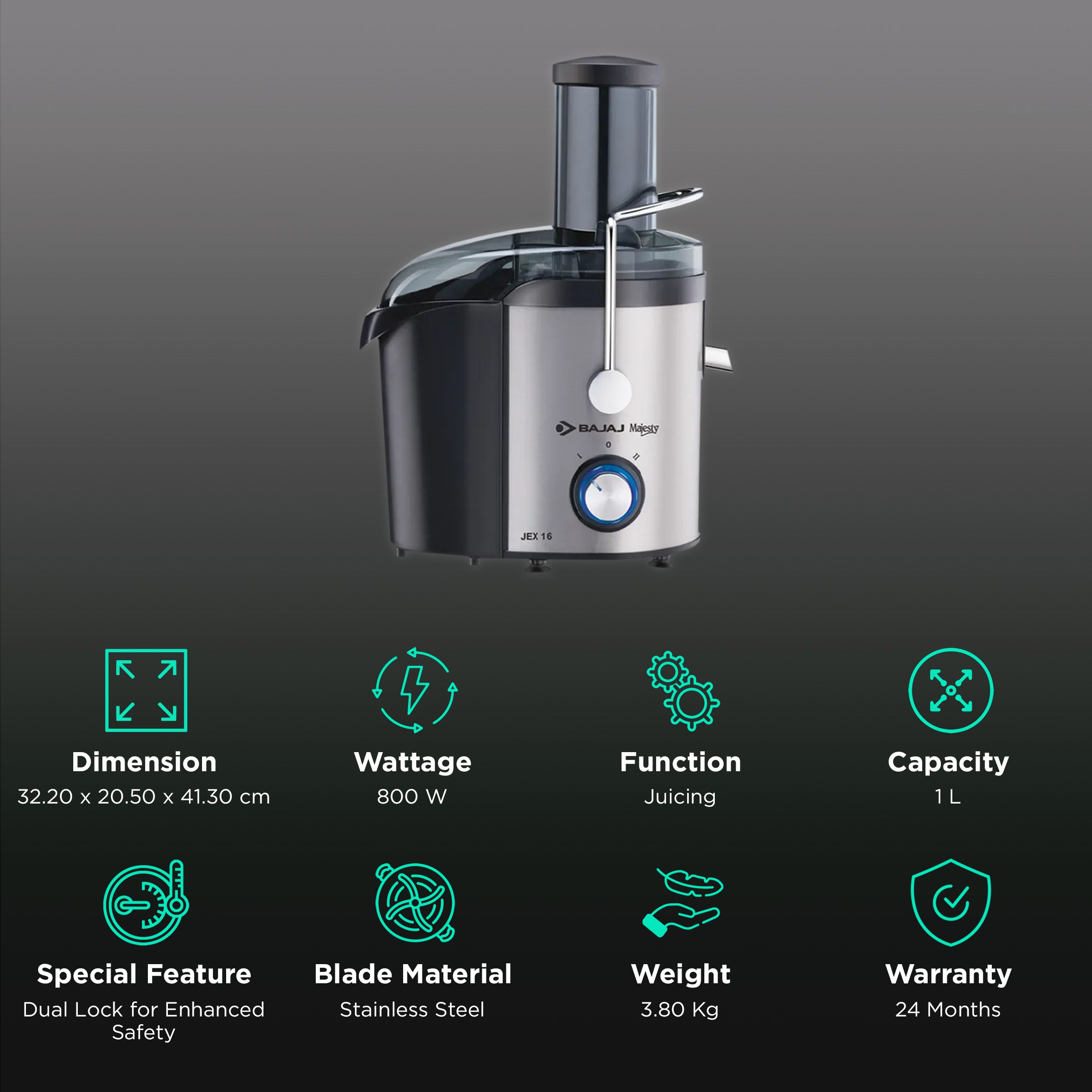 Buy Bajaj Majesty JEX 16 800 Watt 1 Jar Juicer (Elegant Backlit LED